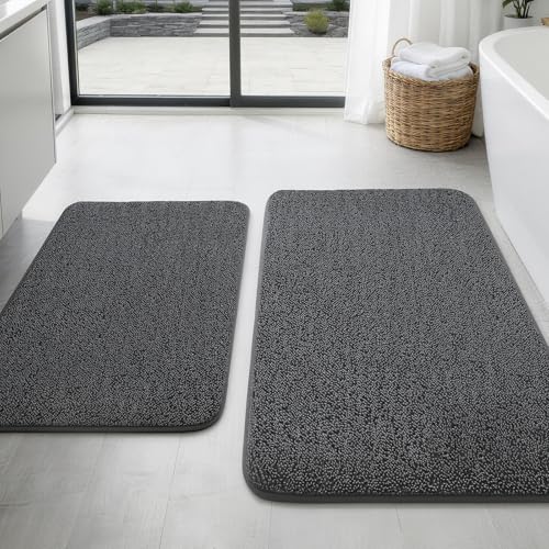 YIHOUSE Memory Foam Bathroom Rugs Sets 2 Piece - Extra Thick Soft Towel-Like Absorbent Bath Mat Set, Non Slip Machine Washable Bath Rugs Carpet for Bath, Tub and Shower (32"x20"+24"x17", Dark Grey) - color: Dark Grey, size: 1'5" x 2' (17"x24"+20"x32")