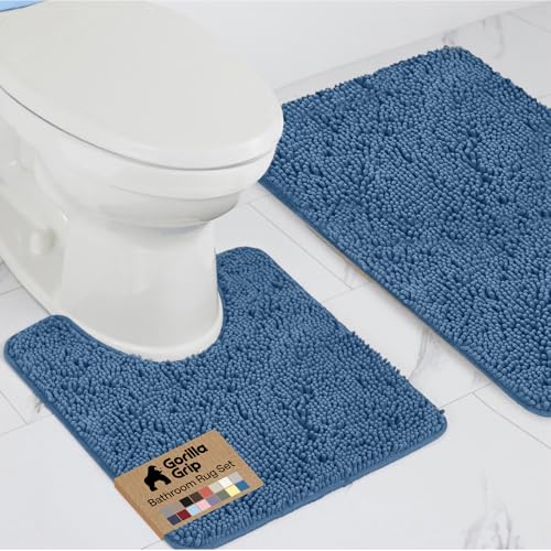 GORILLA GRIP Bathroom Rug Sets, Soft Chenille 2 Piece Area Rugs Set, Toilet Base Mat and 30x20 Carpet, Absorbent Microfiber Washable Mats Dry Quickly, Home Décor and Bath Room Accessories, Blue - color: Blue, style: 30"x20" + Oval 24"x19.5" - 2 Pack