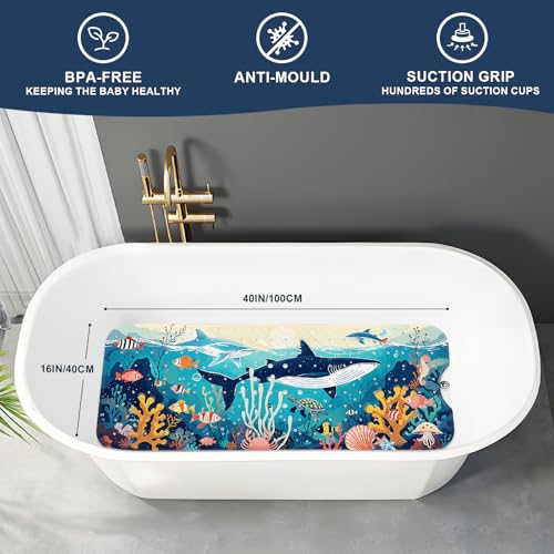XIYUNTE Baby Bath Mat for Tub Non Slip Kids Bath Mat - 40"x16" Extra Long Bathtub Mat Non Slip Kids, Eco-Friendly Toddler Bath Mats with Suction Cups for Secure Grip, Easy to Clean & Easy Drying - color: Whale-light