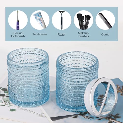 Blue Toothbrush Holders for Bathrooms, Glass Toothbrush Holder with 2 Slot Divider, 10oz Bathroom Tumbler and Mouthwash Cup, Tooth Brush Holder for Brushes, Toothpaste - color: Blue