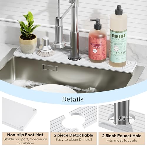 Faucet Mat for Kitchen Sink, Water Absorbing Stone Tray for Sink, 23.6" Long Diatomite Fast Drying Stone Mat, Splash Guard Faucet Mat for Bathroom Counter - color: White