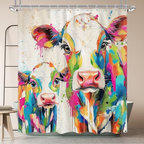 Newsely Farmhosue Highland Cow Shower Curtain 60Wx72L Inch White Background Color Oil Painting Cows Rustic Western Animal Bathroom Set Colorful Waterproof Bath Decoration Accessories Home Decor - color: C-01cow, size: 60"W x 72"L (Pack of 1)