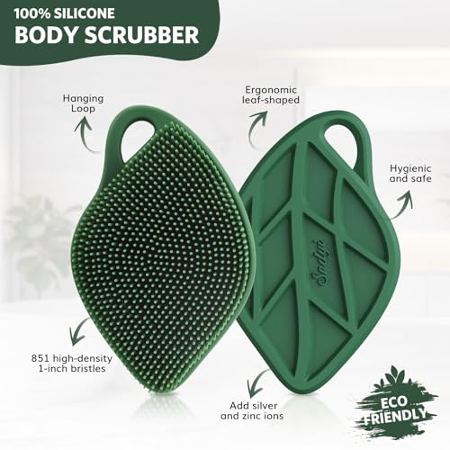 Sndyi Silicone Body Scrubber, Gentle Exfoliating Body Scrubber for Sensitive Skin, Leaf Shaped Shower Scrubber for Body with Lathering Bristles, Silicone Loofah Body Brush for Showering, Evergreen - color: Evergreen