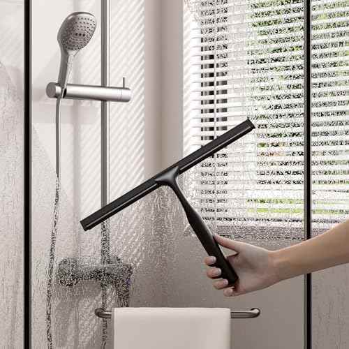Stainless Steel Shower Squeegee for Glass Doors, Multi-Purpose Squeegee for Shower Glass, Bathroom and Car Windows, Squeegee with Adhesive Hook-10”, Black - color: Black, size: 10