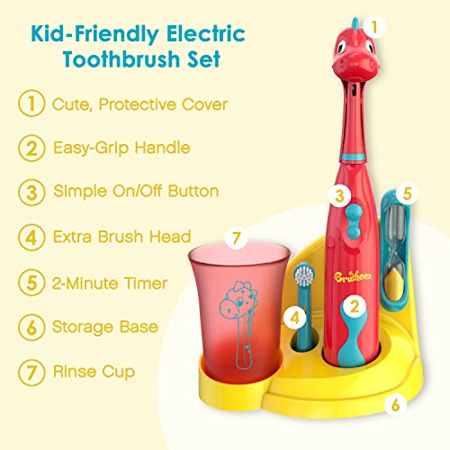 Brusheez Kids’ Electric Toothbrush Set - Safe & Effective for Ages 3+ - Parent Tested & Approved with Gentle Bristles, 2 Brush Heads, Rinse Cup, 2-Minute Timer, & Storage Base (Pepper the Dino) - color: Pepper the Dino