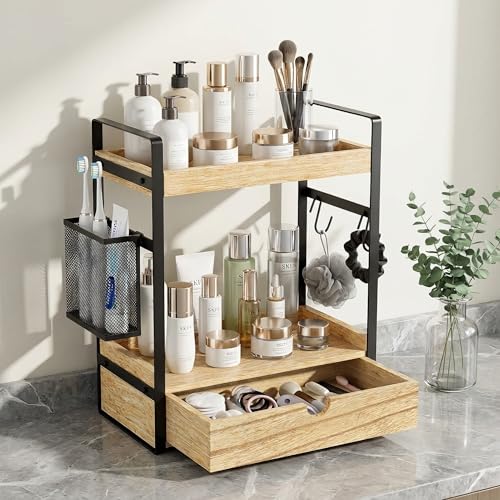 2-Tier Bathroom Counter Organizer with Drawer Basket and Hooks, Wood Bathroom Organizers and Storage for countertop, Farmhouse Brown Countertop Organizer, Counter Shelf for Vanity, Kitchen, Office - color: Brown With Basket