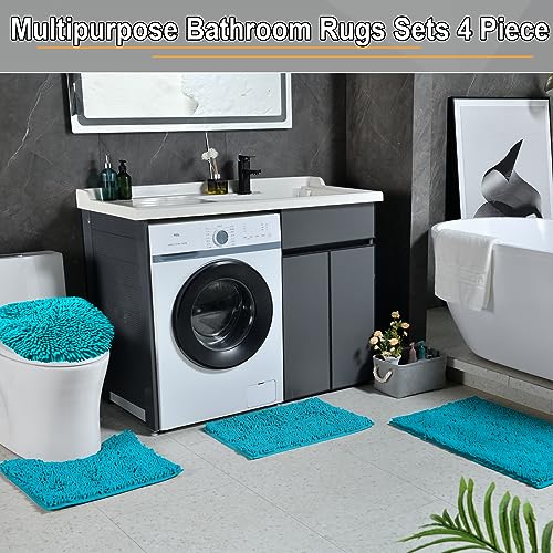Bathroom Rugs Sets 4 Piece, Extra Soft Absorbent Chenille Bath Rugs, Non Slip Rubber Backing Machine Washable Quick Dry Bath Mats for Bathroom Floor, Tub, Shower, Home Decor Accessories, Teal Blue - color: Lake Blue
