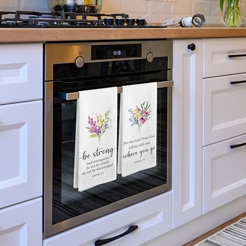 Christian Floral Kitchen Towels Set of 2, Be Strong and Courageous, Bible Verse Dish Tea Towels for Kitchen, Christian Gifts for Women, Scripture Flowers Decorative Hand Towels, 16x24 Inch - color: Bible Floral-1