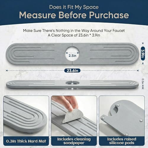 Stone Faucet Mat for Kitchen Sink, Diatomite Fast Drying Stone Tray, Quick Dry Water Absorb Faucet Mat, Sink Splash Guard for Kitchen Bathroom Counter(Light Gray, 23.6"X3.9")