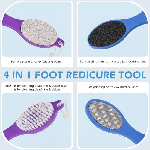 2 Pcs 4 in 1 Foot Brush for Use in Shower with Pumice Stone, Foot Rasp and Sandpaper, Foot Scrubber Brush for Feet, Dead Skin Remover for Foot Care (2 Colors) - style: 2 Purple Gray Blue Foot Brush