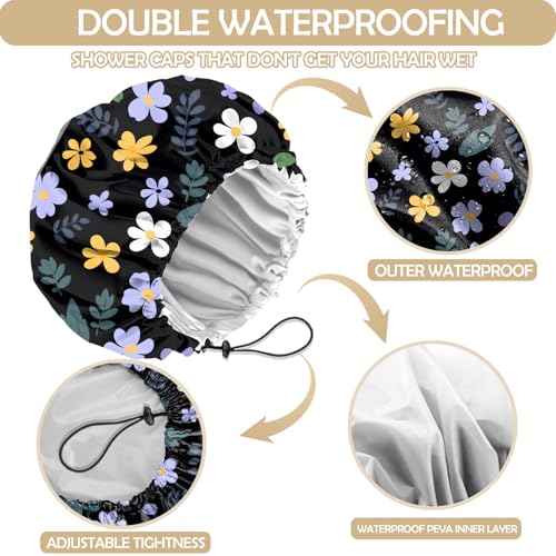 2 PCS Shower Cap Adjustable Reusable Double Waterproof Layer Elastic Hair Bath Cap Cute Aesthetic for Women Girls-Flowers 2 - color: I26-Flowers 2