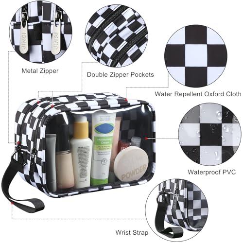 Clear Makeup Bag for Women, Double Zipper Travel Toiletry Cosmetic Bags, Portable Make up Bag Organizer Case Travel Essentials, Checkered - color: Checkered 166