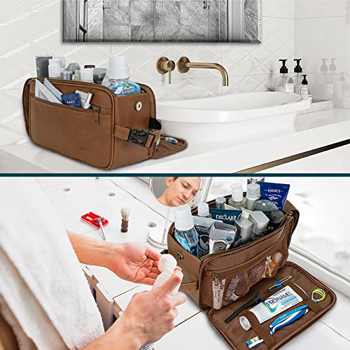 PAVILIA Toiletry Bag for Men, Travel Essentials Shaving Dopp Kit, Mens Travel Bag Toiletries Organizer Case for Grooming, PU Leather Water Resistant Cosmetic Bag Pouch (XL, Brown) - color: Brown, size: Extra Large (12x6x7)