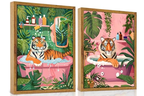 ARTZIO Framed Canvas Wall Art–Whimsical Tiger in Bathtub Jungle Bath Decor,Funny Animal Wall Art for Bathroom,Living Room & Home Office–Set of 2 (12×16″) - color: 2-PCS-3, size: 12"x16"