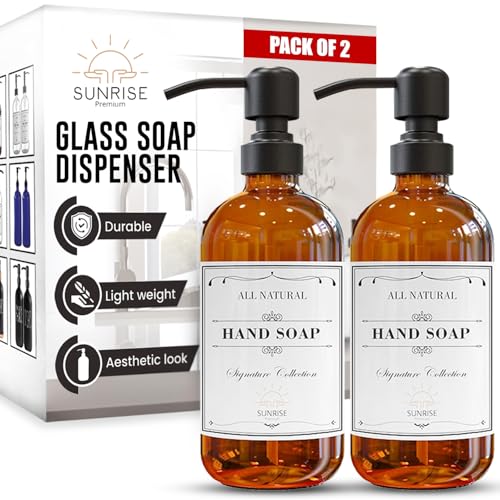 Sunrise Premium 2 Pack Amber Glass Soap Dispenser 16 OZ with Matte Black Stainless Steel Pump, Hand and Dish Soap Dispenser Set for Bathroom and Kitchen Sink with 6 Waterproof Labels - color: Matte Black Ss Pump - Amber Glass