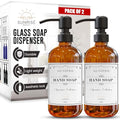 Sunrise Premium 2 Pack Amber Glass Soap Dispenser 16 OZ with Matte Black Stainless Steel Pump, Hand and Dish Soap Dispenser Set for Bathroom and Kitchen Sink with 6 Waterproof Labels - color: Matte Black Ss Pump - Amber Glass