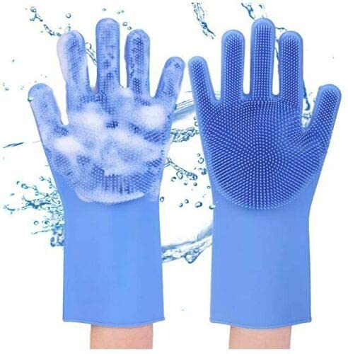 Silicone Dishwashing Gloves, Pet Grooming Rubber Scrubbing for Dishes, Sponge Wash Cleaning with Scrubbers (13.6" L) - color: Blue