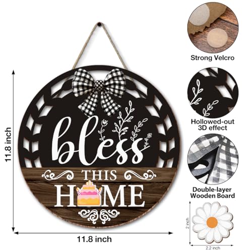 Interchangeable Seasonal Bless This Home Hanging Sign - Farmhouse Front Door Decoration for Spring All Seasons Holidays - Rustic Round Wood Wreaths with 12 Icons(Brown) - color: blessbrown2