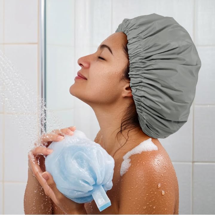 Edoneery Reusable Shower Caps for Women, Waterproof Long Hair Bonnet | Washable Design, Wide Elastic Band, Large Fit, Holds Long Hair, Braids Friendly, Bath Accessories, Spa, Travel - color: Dark Grey