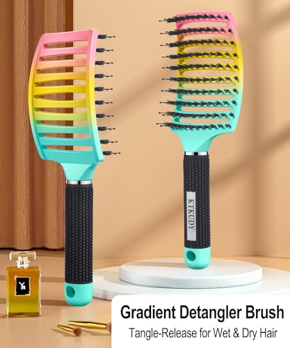 KTKUDY Detangling Brush Boar Bristles Hairbrush Make Hair Shiny & Healthier Curved and Vented Detangler Brush for Women Men Kids Wet & Dry Hair (Rainbow) - color: Green-Yellow-Pink Gradient