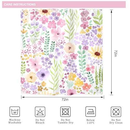 Riyidecor Pink Purple Cute Floral Shower Curtain for Bathroom Decor 72Wx72H Boho Spring Kids Girls Wildflower Watercolor Plant Botanical Art Printed Fabric Polyester Waterproof 12 Pack Plastic Hooks - color: B-purple, size: 72"W x 72"L (Pack of 1)