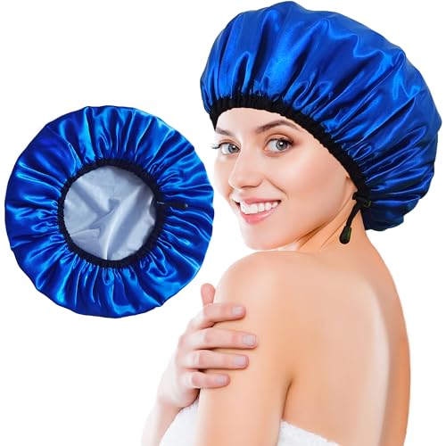 Shower Cap for Women, Large Shower Caps Reusable Waterproof with Elastic Band, Silky Satin Double-layer Bath Cap for Braids Long Hair - color: Set C