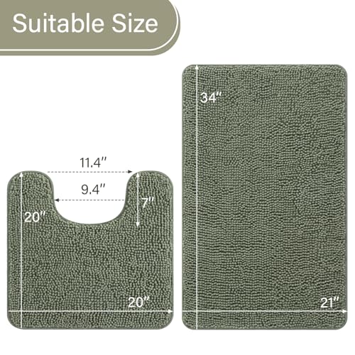 LOCHAS Bathroom Rugs Sets 2 Piece, Soft Non Slip Bath Mat Set, 20''x20'' U-Shaped Toilet Rug and 34''x21'' Sage Green Bath Rugs, Washable Absorbent Chenille Toilet Rug Set for Bathroom, Shower - color: Sage Green