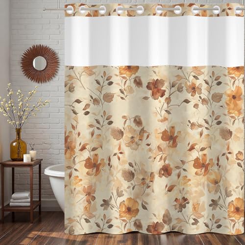 No Hook Floral Shower Curtain and Liner Set 71 x 74 Inch | Fall Watercolor Brown Flower, Waterproof Fabric Bath Tub Curtain for Modern Bathroom Decor, Breathable Mesh Top - color: Brown