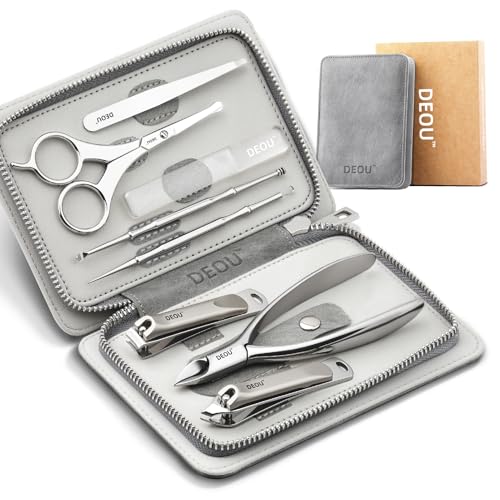 DEOU Premium Manicure Set 8 in 1, 420J2 Stainless Steel Pedicure Kit with Luxury Leather Case, Professional Grooming Tools for Travel & Home, Gifts for Men & Women - color: Gray