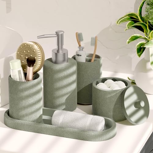 Clara Clark Sage Green Bathroom Set - Bathroom Sets with Shower Curtain and Rugs, 21PC Bathroom Accessory Set, Shower Curtain Set with Soap Dispenser & Toothbrush Holder - color: Sage Green, size: Complete Set + Bath Rugs