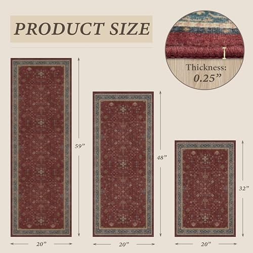 JTJ 3 Piece Kitchen Rug Set, Burgundy Vintage Washable Kitchen Mats, Non-Slip Low Pile Floor Rugs with Stain Resistant Surface for Kitchen Sink, Runner, Laundry Room and Hallway - color: Burgundy