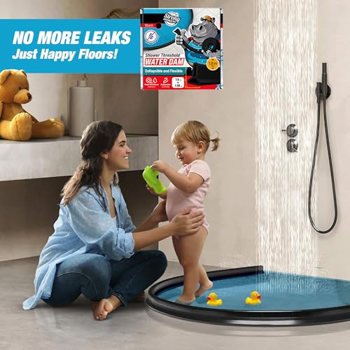 Shower Threshold Water Dam Barrier 67" - Black Collapsible Shower Water Blocker - Shower Guard for Walk in Shower - Water Guard Stopper for Floor - Shower Dam - 1.5" Tall - By Hippo Dam - color: Black, style: 67 In
