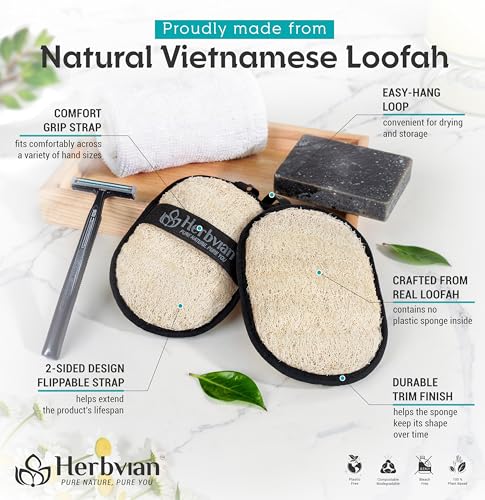 Natural Loofah Body Scrubber for Men, 2PCS Black & White Handmade Vietnamese Luffa Sponge for Shower with Cotton Hanging Tag, Exfoliating Bath Loofah, Durable Body Sponge for Daily Use