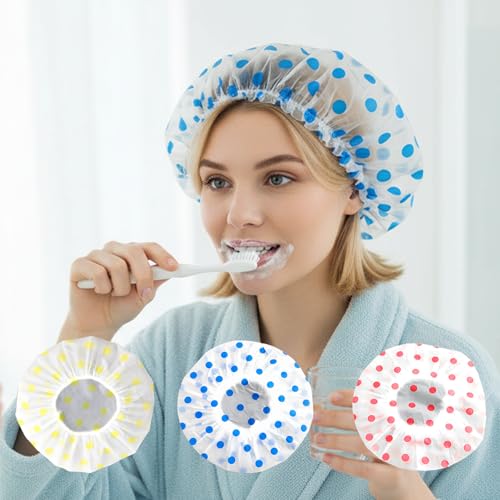 Waterproof Shower Cap-Reusable Bath Hair Hat,Thick Elastic Hair Cover Coloful Dotted for Home Travel Spa,3/6 Pcs - color: Pink yellow blue, size: 3 pack