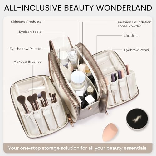 HauteHues Travel Makeup Bag Women's Large Capacity Cosmetic Portable Organizer Large Opening Waterproof Storage Toiletry Bags Vertical Free-Standing Brush Holder for Easy Access Copper - color: Copper