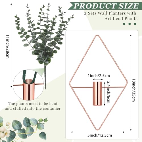 Jexine 4 Pcs Hanging Planters with Artificial Eucalyptus Metal Hanging Vase Indoor Plants Holder Modern Geometric Boho Bathroom Wall Decor for Living Room Home Office (Eucalyptus,Rose Gold) - color: Rose Gold, size: Eucalyptus