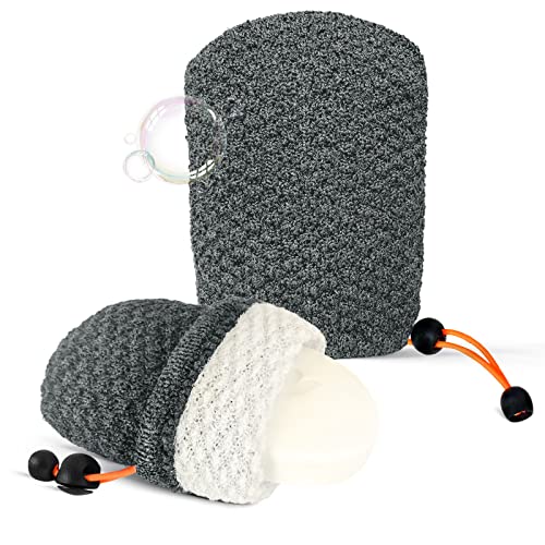 MIG4U Exfoliating Soap Bag for Shower 2 Pieces - Bar Soap Saver Pouch, Bamboo Body Scrubber Exfoliator Pocket in Travel Bathing, Grey, Double Layer - style: 2 Exfoliation Levels - Grey