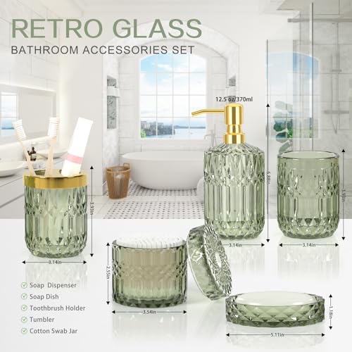 Green Bathroom Accessories Set, 5Pcs Clear Glass Green Accessories with Lotion Soap Dispenser, Soap Dish, Toothbrush Holder, Tumbler, Cotton Swab Jar, Modern Bathroom Decor Crystal Vintage Gift - style: Shallowgreen