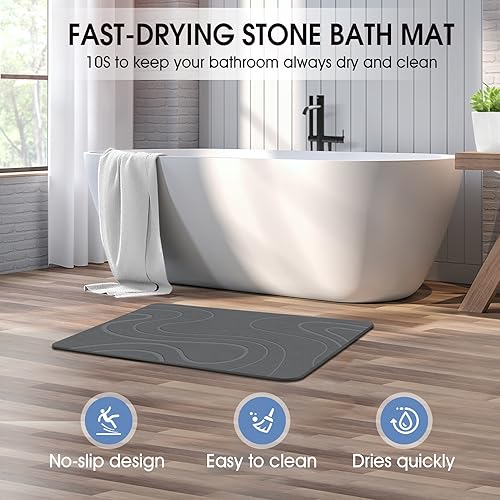 Veeloim Stone Bath Mat Diatomaceous Earth Shower Mat Non-Slip Super Absorbent Diatomite Stone Bath Mats for Bathroom Floor Quick Drying Natural Easy to Clean - color: Line2-grey