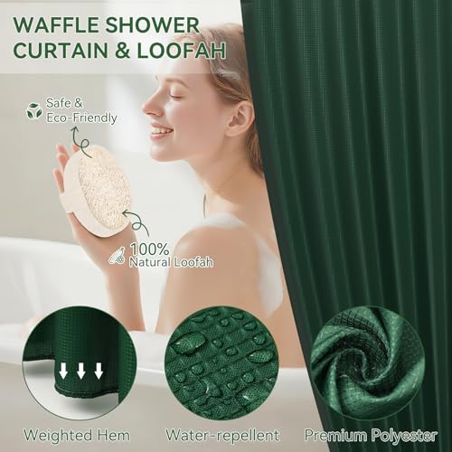 Green Bathroom Set, Dark Green Bathroom Accessories Set with Shower Curtain and No-Slip Bath Rugs, Natural Loofah Sponge, Soap Dispenser, Toothbrush Holder, Bathroom Tumbler and Tray for Bathroom - size: Bath Set+Shower Curtain+Bath Rugs+2PCS Loofah, styl