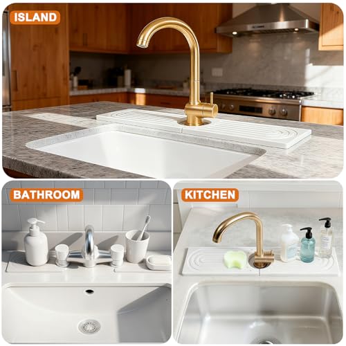 Stone Faucet Mat for Kitchen Sink, Diatomit Fast Drying Stone Mat Sink Protector, Prevent Moisture Water Absorbing Stone Tray for Kitchen Bathroom Counter, 15.8" x 4", White - color: 15.8" x 4"_White
