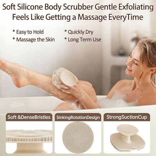 Soft Silicone Body Scrubber, Gentle Like a Hand Exfoliating Your Skin and Build Up Lather Easily, Back Large Suction Cup Easy to Store, Long-Lasting & Deep Clean (Beige) - color: Beige