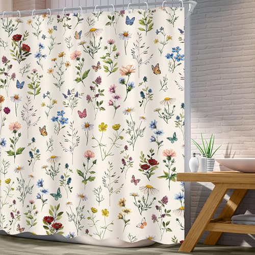 Vintage Floral Shower Curtain 72Wx78H Inch Long Rustic Spring Wildflower Botanical Flower Pretty Cute Herbs Butterfly Bathroom Set Elegant Aesthetic Bath Curtain Bathtub Accessories Home Decor - color: D 01 Beige, size: 72"W x 78"L (Pack of 1)