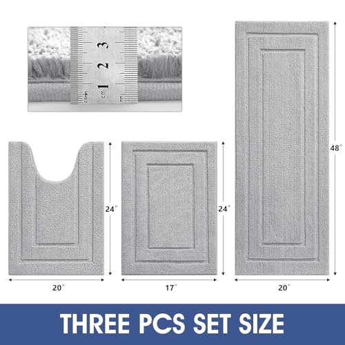 IM HOME Bathroom Rugs Sets 3 Piece, Ultra Soft Plush Fluffy Microfiber Absorbent Bath Mat, Non-Slip Backing, Machine Washable Bath Mats for Bathroom Floor, Tub, Toilet and Shower, Grey/Bordered - color: B-grey, size: 24"x17"+48"x20"+U Shape 24"x20"