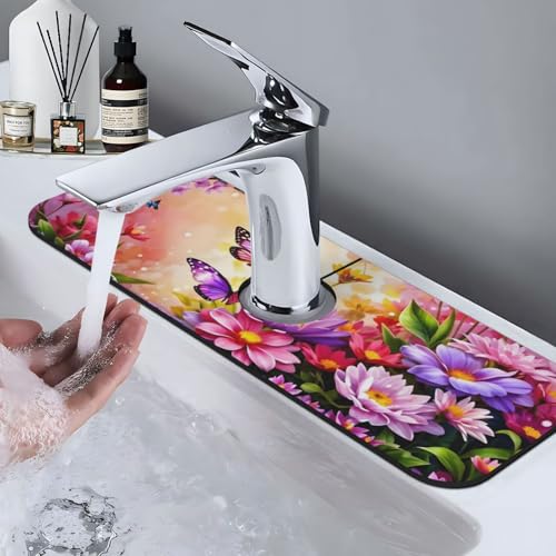 Pink butterfly flower Kitchen sink faucet pad, strong water absorption, anti slip, easy to clean, very suitable for splash and drip prevention, suitable for kitchens and bathrooms - color: Pink butterfly flower