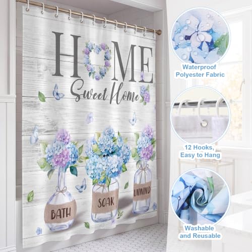 Haull 7 Pcs Blue Hydrangea Shower Curtain Sets Home Sweet Home Bathroom Set with Shower Curtain and Non Slip Rugs Toilet Lid Cover Bath Mat Floral Towels for Farmhouse Country Summer Bathroom Decor - style: Blue Hydrangea