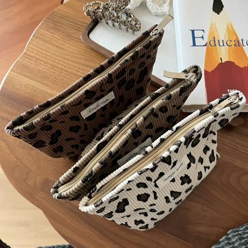 Wudygirl Makeup Bag Travel Cosmetic Bag for Women Small Makeup Pouch with Handle Zipper Cosmetic Pouch Handbag Aesthetic 8.3" x 5.9"(Coffee Leopard) - color: Coffee Leopard