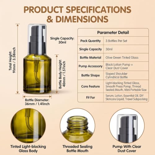 3 Pcs Green Glass Pump Bottles, Portable Travel Lotion Bottles, Refillable Cosmetic Dispenser Jars, Sample Trial Vials for Foundation Cream Gel Toiletries (30ml/1oz) - color: Green, size: 30ml/1oz