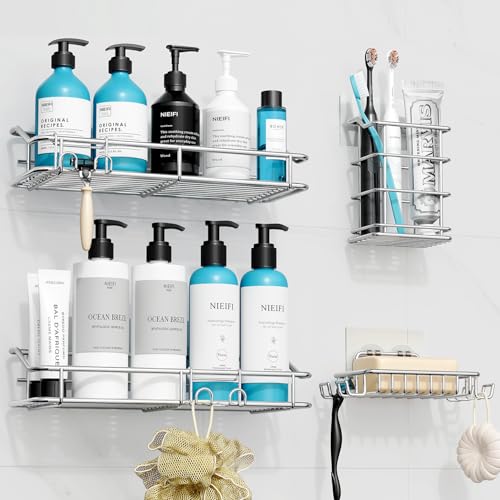 Nieifi Shower Caddy Shelf with Hooks Storage Rack Organizer Adhesive Stainless Steel without Drilling for Bathroom, Lavatory, Washroom, Restroom, Shower, Toilet, Kitchen (Sliver, 4 Pack) - color: A-Silver, size: 4 Pack