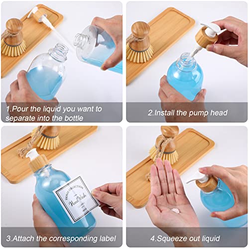 Zopeal 4 Pcs 16 oz Kitchen Soap Dispenser Set with Bamboo Tray and Dish Brush Plastic Soap Dispenser Set with Waterproof Labels for Hand Dish Lotion(Transparent) - color: Transparent